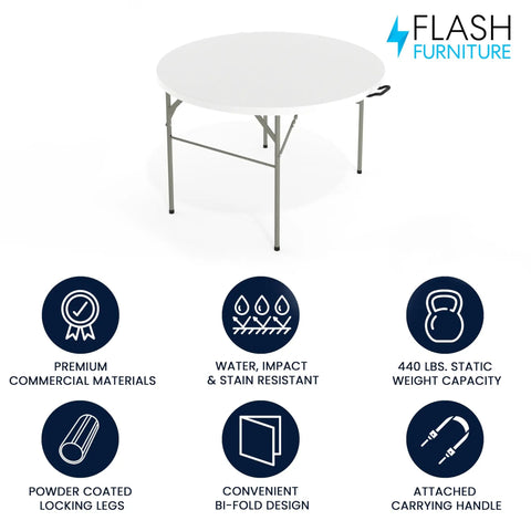 Grab And Go Ready 4 Foot Round Folding Plastic Table With Carrying Handle For Indoor And Outdoor Events, shown with features.