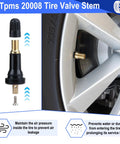 5 Pack TPMS Tire Pressure Valve Stem Replacement Kit For Your Daily Driver Sturdy rubber valve stem installed in tire rim.