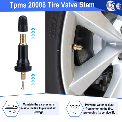 5 Pack TPMS Tire Pressure Valve Stem Replacement Kit For Your Daily Driver Sturdy rubber valve stem installed in tire rim.