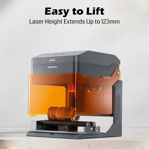 Genmitsu Kiosk 10W laser engraver with orange acrylic enclosure and gray metal body for home use