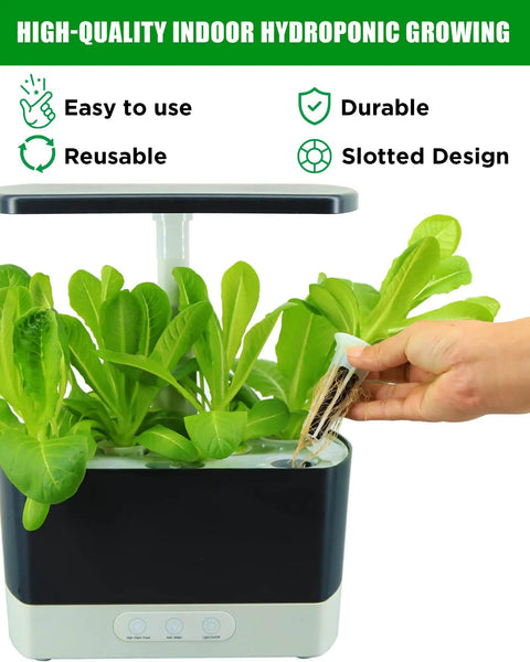 Hand using 50 Pack Hydroponic Grow Baskets For Indoor Garden Systems, compatible with sponge starter pods, showcasing easy swap design.