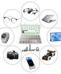 Stainless Steel Micro Screws And Nuts Kit 1240Pcs Metric M1 To M3 Assortment with Phillips Pan Head for electronics repairs, shown with various devices.