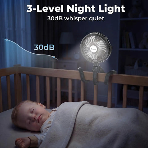 Rechargeable Battery Operated Stroller Fan Clip On for Baby, illuminating crib at night for cooling with whisper quiet 30dB light
