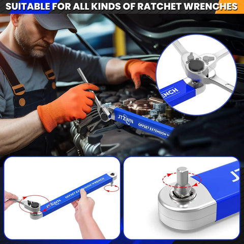 Mechanic using 15 Inch Offset Extension Wrench Set For Tight Spaces, Impact Ready, Beefy High Carbon Steel With Chrome Finish on engine