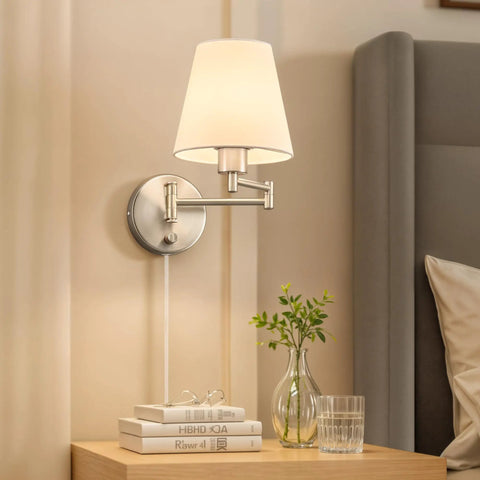 Dope Adjustable Swing Arm Wall Lamp Brushed Nickel With White Fabric Shade Plug In Wall Sconce in bedroom setting