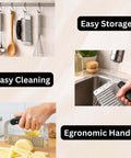 Stainless steel crinkle cutter and waffle fry cutter set with ergonomic handle for potatoes and vegetables.
