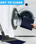 Person placing No Slip Carpet Stair Treads For Wooden Steps 8 By 30 Inches 15 Pack into washing machine, vacuum shown