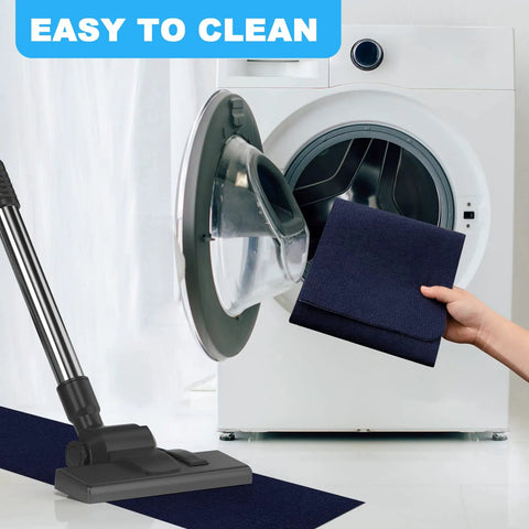 Person placing No Slip Carpet Stair Treads For Wooden Steps 8 By 30 Inches 15 Pack into washing machine, vacuum shown