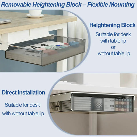 Level Up Your Desk Game With These Smooth Glide Under Desk Drawers Large And Medium 2 Pack Slide Out Storage Organizer For Tables With Lips Adhesive Workspace Flex Kit For Clean Vibes with removable heightening block mounted.