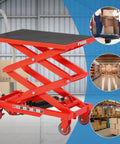 Premium Garvee Double Scissor Hydraulic Lift Table Cart, 330 Lbs Capacity, Red, shown in use for material handling.