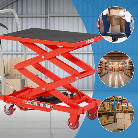 Premium Garvee Double Scissor Hydraulic Lift Table Cart, 330 Lbs Capacity, Red, shown in use for material handling.