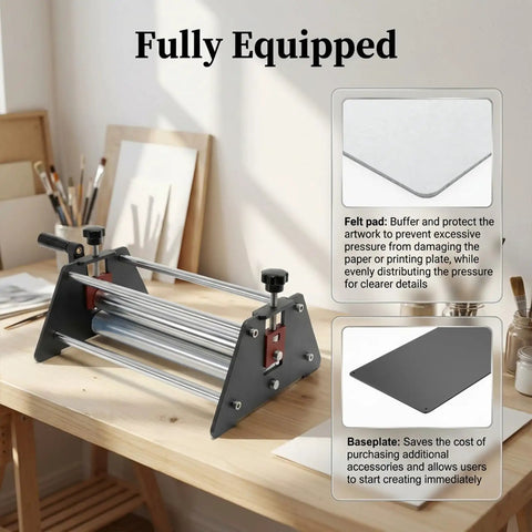 Versatile Printing Press For Etching Embossing And Block Printing With Felt Base Plate And 360 Degree Ergonomic Design on table