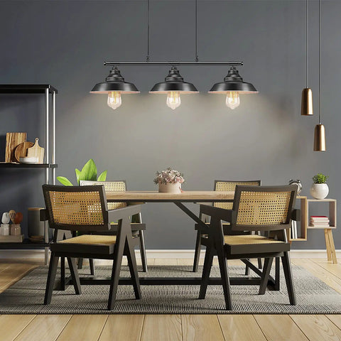 Dining room with Industrial Kitchen Island Pendant Light With Adjustable Height Rustic Farmhouse Three Light Pendant.