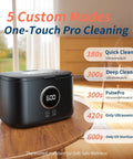 Powerful 20 Oz Ultrasonic Cleaner With 47kHz Frequency, 5 Cleaning Modes And UV Light, displayed on a table with mode descriptions.