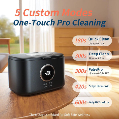 Powerful 20 Oz Ultrasonic Cleaner With 47kHz Frequency, 5 Cleaning Modes And UV Light, displayed on a table with mode descriptions.