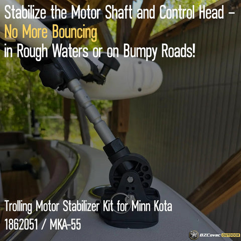 Installed trolling motor stabilizer kit on Minn Kota; black low-profile base with adjustable aluminum rod.
