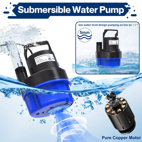 Half Horsepower Submersible Water Pump 2200 GPH Portable Sump Pump Sky Blue with Pure Copper Motor