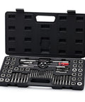 Pro Grade 60 Piece Metric And SAE Threading Tap And Die Tool Set For Precision Threads, Easy Start Tapered Teeth in open case