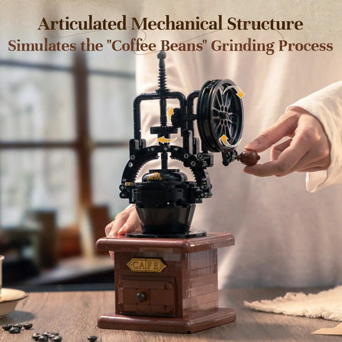 Vintage Hand Crank Coffee Grinder Building Blocks Set With Moving Gears And Hidden Mini Coffee Shop Scene For Desk Decor