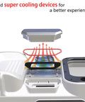 Close-up of white underwater phone case with cooling device, showing submersion protection for snorkeling and diving, waterproof to 131 feet.