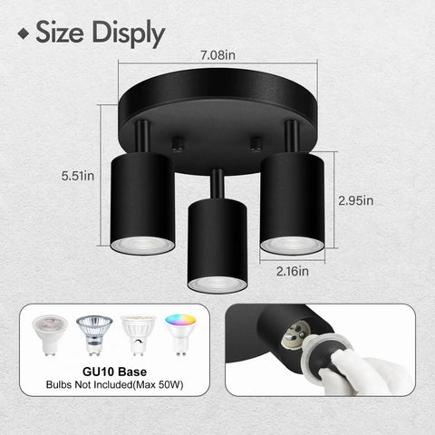 Three Light Matte Black Track Lighting Kit With Adjustable GU10 Heads, shown with size dimensions and bulb options.