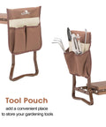 2 In 1 Garden Kneeler And Bench Folding Stool With Tool Pouches And Soft EVA Foam Cushions showing brown tool pouch with garden tools