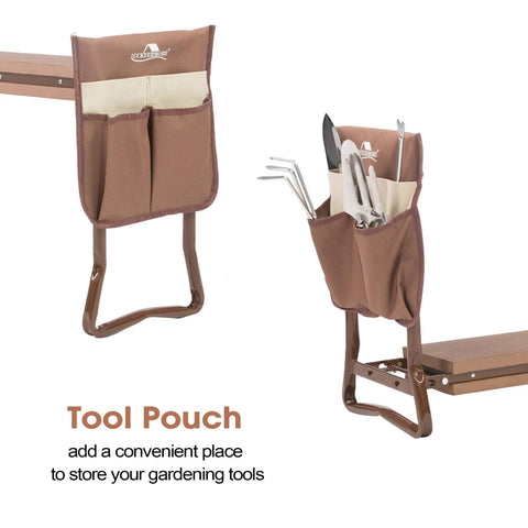 2 In 1 Garden Kneeler And Bench Folding Stool With Tool Pouches And Soft EVA Foam Cushions showing brown tool pouch with garden tools
