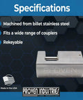Stainless Steel Coupler Lock Pin For Trailers And Campers That Keeps Your Gear Safe And Sound Fits Most Coupler Styles Includes Two Keys Quarter Inch Pin Diameter And Seven Eighths Inch Span Model 651 Made In USA shown with specifications and logo