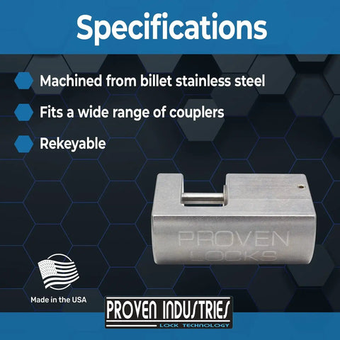 Stainless Steel Coupler Lock Pin For Trailers And Campers That Keeps Your Gear Safe And Sound Fits Most Coupler Styles Includes Two Keys Quarter Inch Pin Diameter And Seven Eighths Inch Span Model 651 Made In USA shown with specifications and logo
