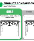 Product comparison showing Hella Sturdy 4 Pack Table Leg Extenders For Folding Tables Adjustable Steel Risers in use.