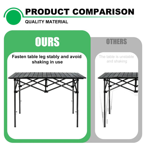 Product comparison showing Hella Sturdy 4 Pack Table Leg Extenders For Folding Tables Adjustable Steel Risers in use.