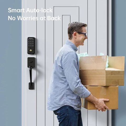 Man carrying boxes uses Smart WiFi Door Lock With Keyless Entry And Keypad Digital Electronic Door Lock Passcode Access Remote