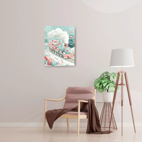 Winter Train Canvas Wall Art In Aqua Red Steam Locomotive Festive Holiday Poster Prints For Living Room
