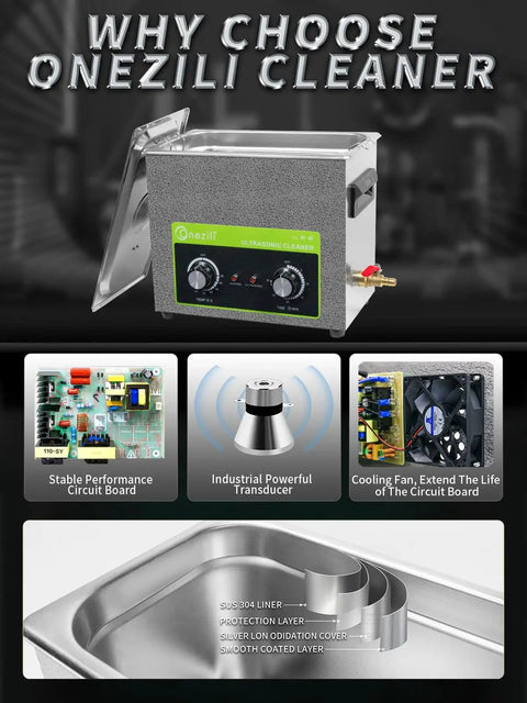 6L High Power Ultrasonic Parts Cleaner with 180W Beefy Cleaning Power, adjustable heat, timer, and high-performance circuit board.