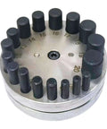 Top view of Beefy Workhorse Round Disc Cutter Kit with 17 dies for jewelry making and metalworking, durable steel construction.