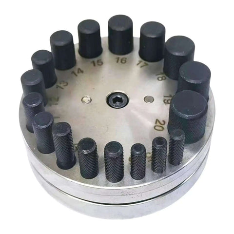 Top view of Beefy Workhorse Round Disc Cutter Kit with 17 dies for jewelry making and metalworking, durable steel construction.
