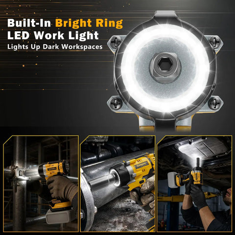 Heavy Hitter Cordless Impact Wrench Driven By A Rugged Brushless Motor Operating As A Versatile Drill Plus Screwdriver Combining To Deliver 516 Ft Lbs Of Serious Torque For Daily Grinds with built-in LED work light for dark areas.