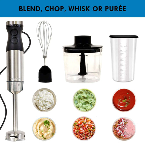 Badass Handheld Immersion Blender With Turbo Pulse Power And Four Rock Solid Stainless Blades, Includes Quick Snap Chopper Bowl And Wire Whisk To Crush Blending Jobs Without Breaking A Sweat, accessories and pureed foods visible.