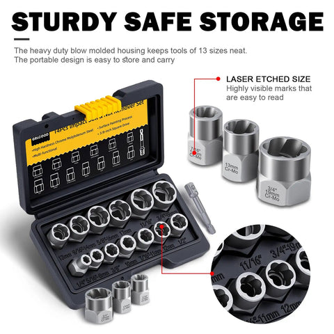 14 Piece Pro Grade Bolt Extractor Kit With Impact Nut Remover Set And Three Eighths Inch Adapter, Heavy Duty Rusted Bolt Removers In Portable Tool Box with laser-etched sizes.
