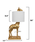 Distressed Gold Giraffe Table Lamp With White Linen Shade, Playful Resin Animal Accent Light, Cord Switch, 27.75 Inch Tall