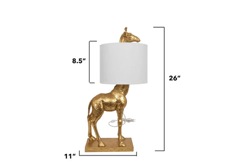 Distressed Gold Giraffe Table Lamp With White Linen Shade, Playful Resin Animal Accent Light, Cord Switch, 27.75 Inch Tall