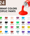 Complete Acrylic Paint Set For Newbies And Pros With 24 Vivid Colors displayed, various shades labeled with names and numbers.
