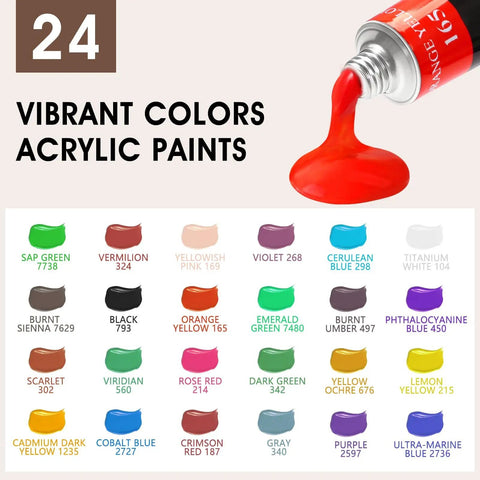 Complete Acrylic Paint Set For Newbies And Pros With 24 Vivid Colors displayed, various shades labeled with names and numbers.