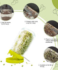 Top Shelf Wide Mouth Mason Jar Sprouting Kit shown with growth stages, featuring metal mesh cover and drip tray for easy sprouting.