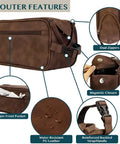 Men's Travel Toiletry Bag With Hella Roomy Compartments, Badass PU Leather Dopp Kit, Water Resistant Grooming Organizer Case For Shaving Essentials And Hygiene Gear In Dark Brown showing dual zippers and magnetic closure features.