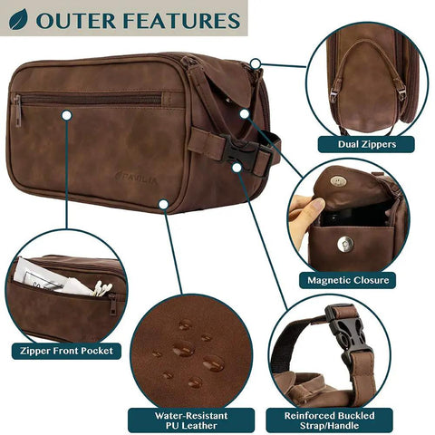 Men's Travel Toiletry Bag With Hella Roomy Compartments, Badass PU Leather Dopp Kit, Water Resistant Grooming Organizer Case For Shaving Essentials And Hygiene Gear In Dark Brown showing dual zippers and magnetic closure features.