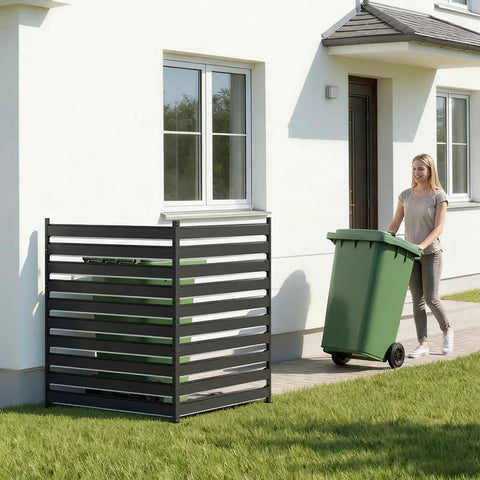 Outdoor Louvered AC Fence Screen Two Panels Privacy Screen For Hiding Air Conditioner Unit And Trash Cans, metal, side view