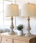 Classic 24.5 Inch Table Lamp Set Of 2 For Living Room And Bedroom With Linen Fabric Shade And Resin Base on wooden console