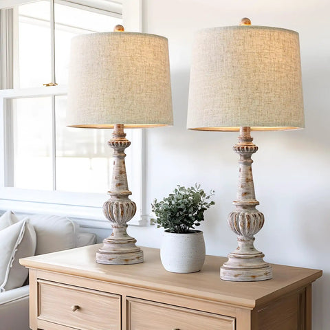Classic 24.5 Inch Table Lamp Set Of 2 For Living Room And Bedroom With Linen Fabric Shade And Resin Base on wooden console