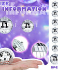 8 Pack Mini Disco Ball Garlands And Silver Mirror Balls Hanging Banner For Party Backdrop Decor size details displayed